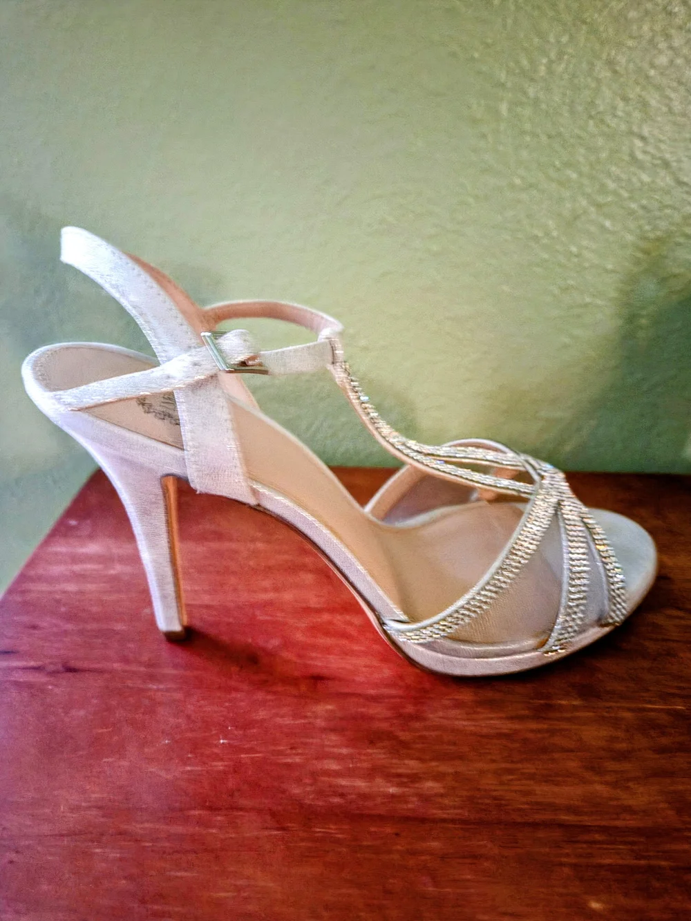 Women's Silver Rhinestone T-Strap Dress Heels